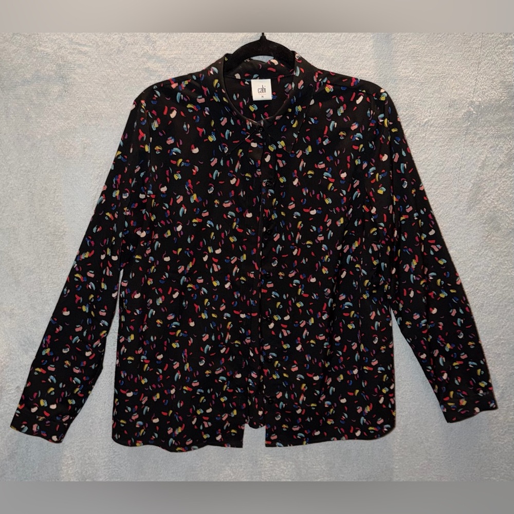 Cabi #3423‎ Top Size Medium Black Colorful FERRIS Long Sleeve Button Up Blouse